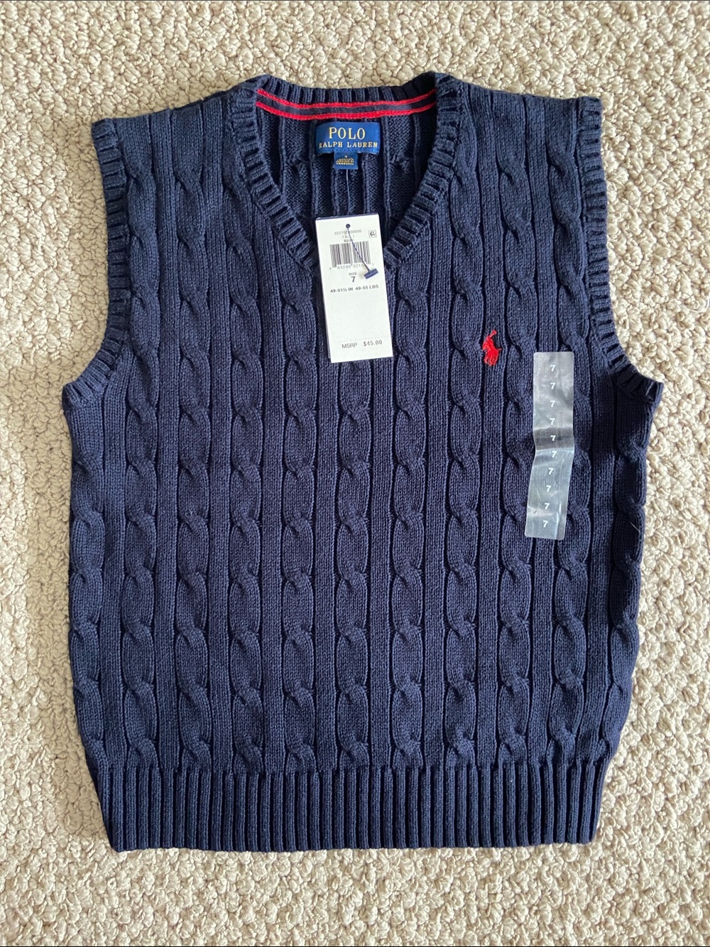 Polo by Ralph Lauren Navy Cable-Knit V-Neck Sweater Vest with Red Pony Logo